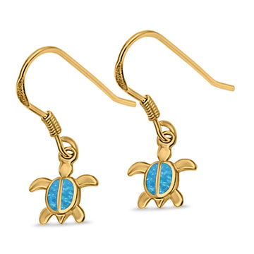 Drop Dangle Turtle Earrings Yellow Tone, Lab Created Blue Opal 925 Sterling Silver